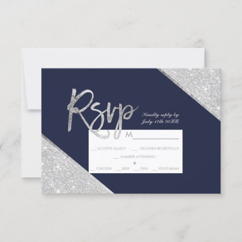 Silver glitter navy blue script wedding Rsvp