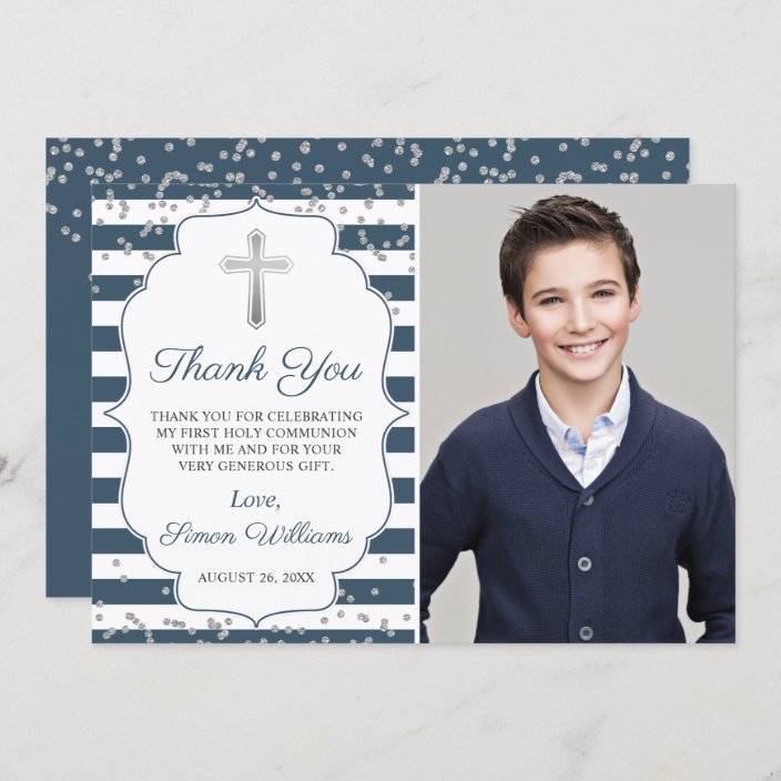 Silver Glitter Navy Blue Stripe First Communion Thank You Card | Zazzle.com