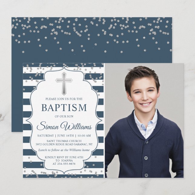 Silver Glitter Navy Blue Stripes Baptism Photo Invitation (Front/Back)