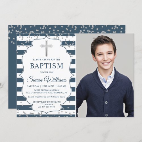 Silver Glitter Navy Blue Stripes Baptism Photo Invitation
