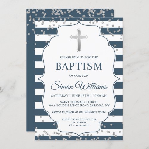 Silver Glitter Navy Blue Stripes Boy Baptism Invitation