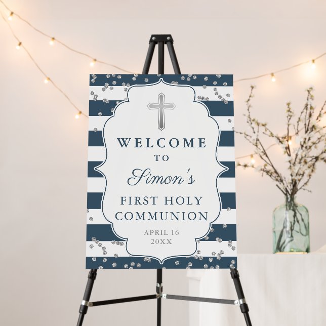 Silver Glitter Navy Blue Stripes First Communion Foam Board (In Situ (Stand))