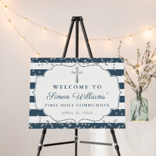 Silver Glitter Navy Blue Stripes First Communion Foam Board