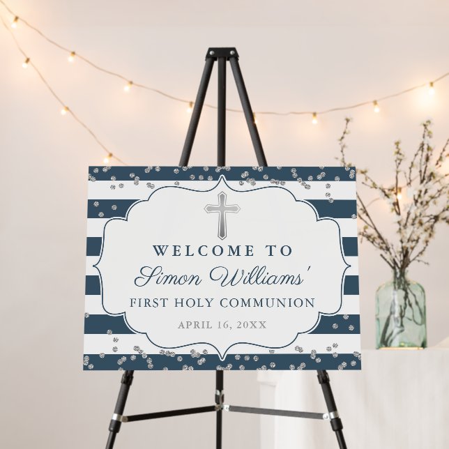 Silver Glitter Navy Blue Stripes First Communion Foam Board (In Situ (Stand))