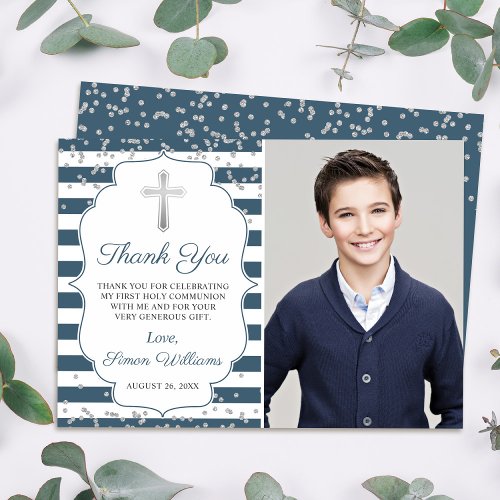 Silver Glitter Navy Blue Stripes First Communion Thank You Card