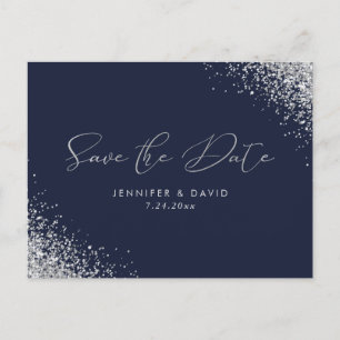 Silver Glitter Navy Blue Wedding Save The Date Announcement Postcard