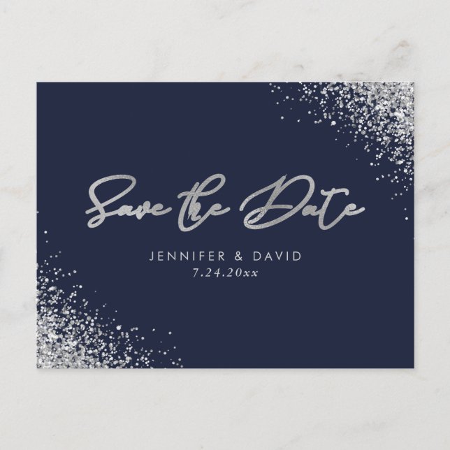 Silver Glitter Navy Blue Wedding Save The Date Announcement Postcard (Front)
