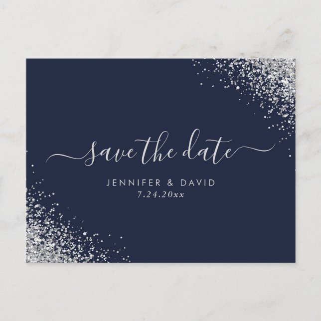 Silver Glitter Navy Blue Wedding Save The Date Announcement Postcard (Front)