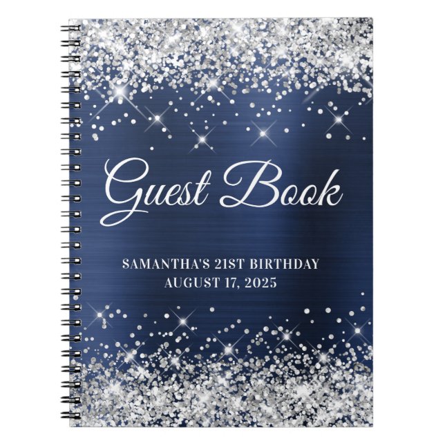 Silver Glitter Navy Foil 21st Birthday Guestbook Notebook (Front)