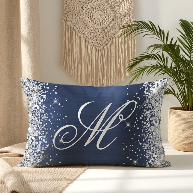 Silver Glitter Navy Foil Fancy Monogrammed Lumbar Pillow (Silver Glitter Navy Foil Fancy Monogrammed Lumbar Pillow
)