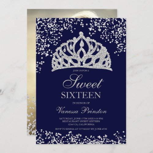 Silver glitter navy photo crown tiara Sweet 16 Invitation