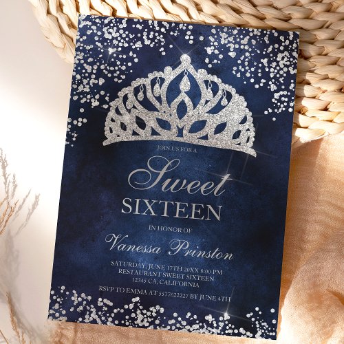 Silver glitter navy photo sparkles tiara Sweet 16 Invitation