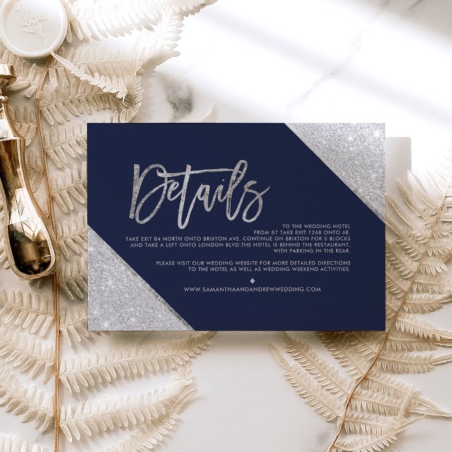 Silver glitter navy script wedding direction enclosure card (Creator Uploaded)
