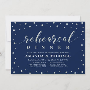 Silver Glitter & Navy Wedding Rehearsal Dinner I Invitation
