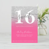 Silver glitter neon pink ombre girly Sweet 16 Invitation (Standing Front)