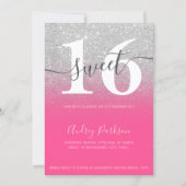 Silver glitter neon pink ombre girly Sweet 16 Invitation (Front)