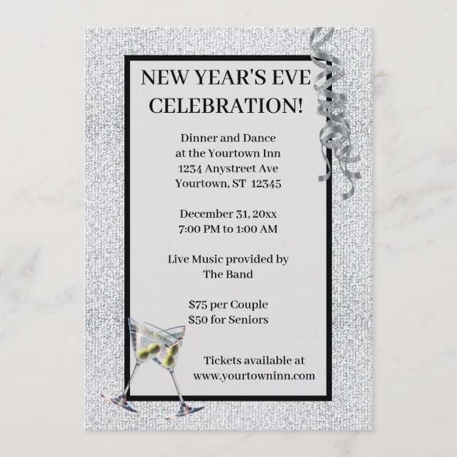 Silver Glitter New Year's Eve Party Invitation (Front)