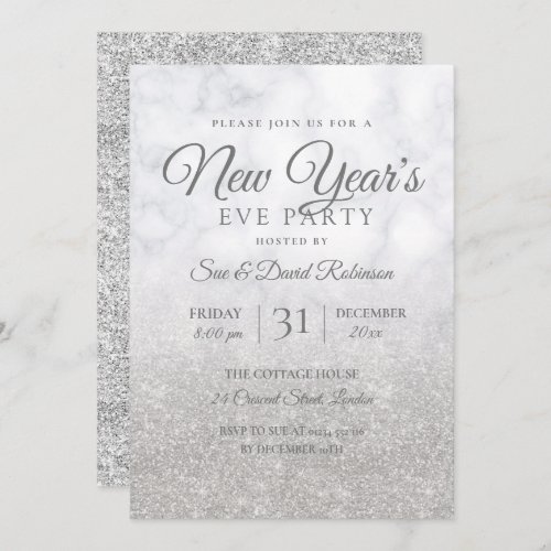 Silver Glitter New Years Eve Party Marble Invitation