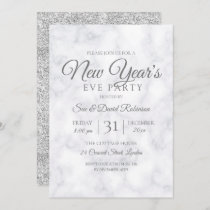 Silver Glitter New Years Eve Party Marble Invitation