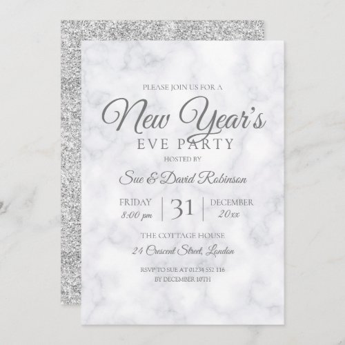 Silver Glitter New Years Eve Party Marble Invitation