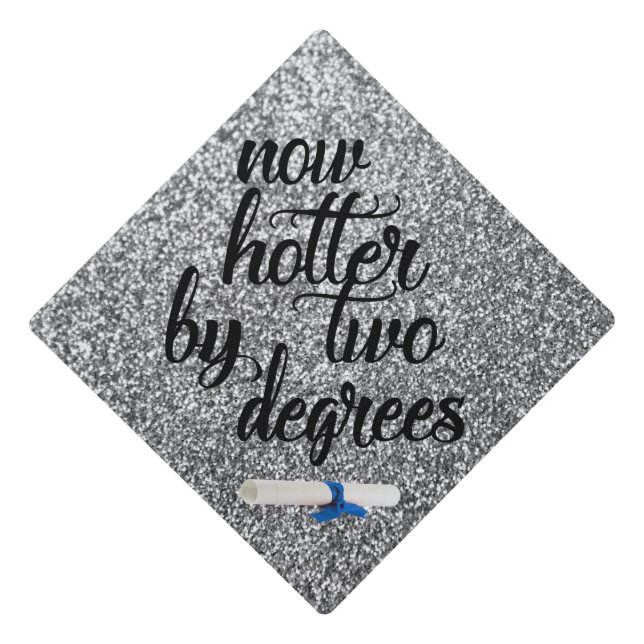 Silver Glitter "now hotter by two degrees" Graduation Cap Topper (Front)
