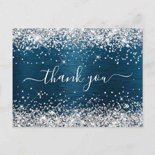 Silver Glitter Ocean Blue Foil Birthday Thank You Postcard