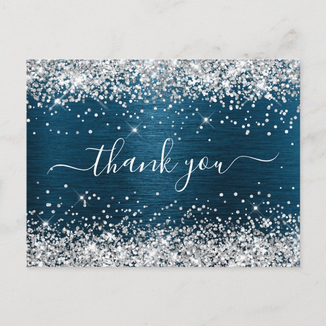 Silver Glitter Ocean Blue Foil Birthday Thank You Postcard (Front)