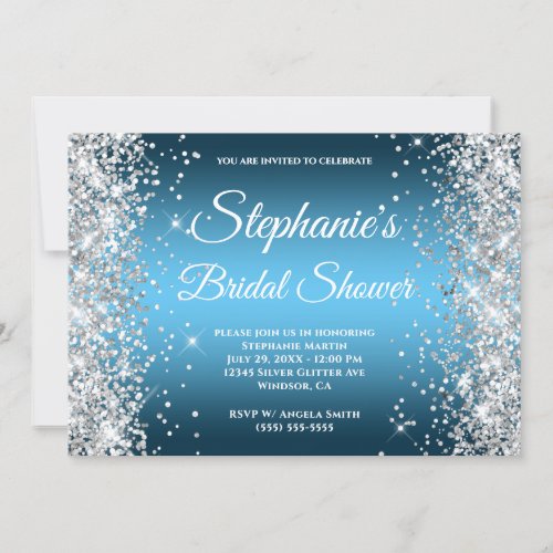 Silver Glitter Ocean Sky Blue Ombre Fancy Monogram Invitation