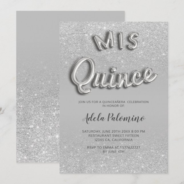 Silver glitter ombre balloons gray Quinceañera Invitation (Front/Back)