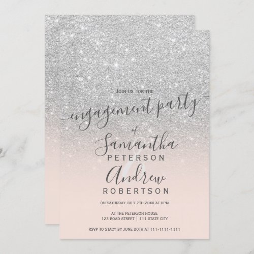 Silver glitter ombre blush pink script engagement invitation