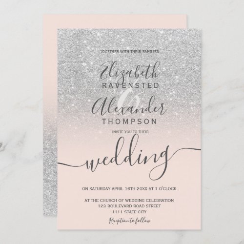 Silver glitter ombre blush pink script wedding invitation