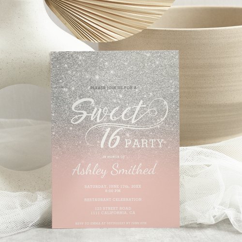 Silver glitter ombre blush pink Sweet 16 Invitation