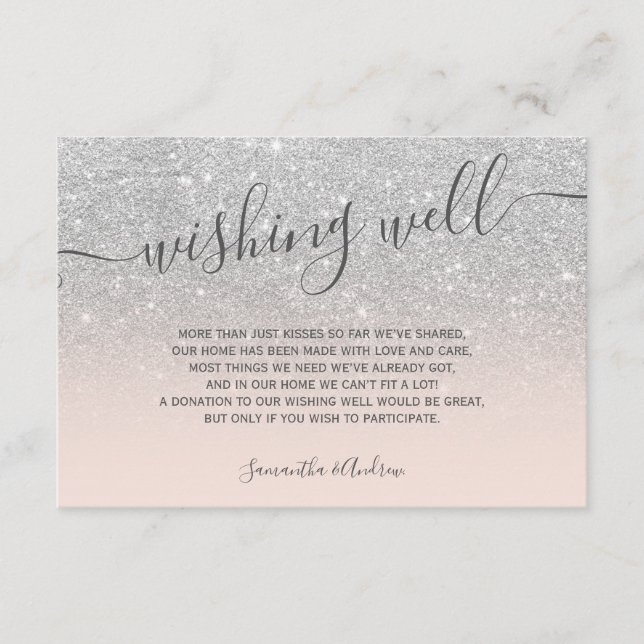 Silver glitter ombre blush script wishing well enclosure card (Front)