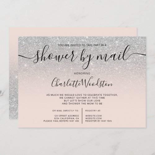 Silver glitter ombre cancelled shower by mail invitation