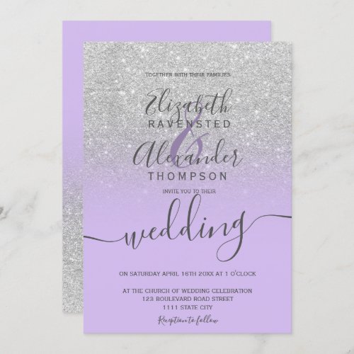 Silver glitter ombre chic lavender script wedding invitation