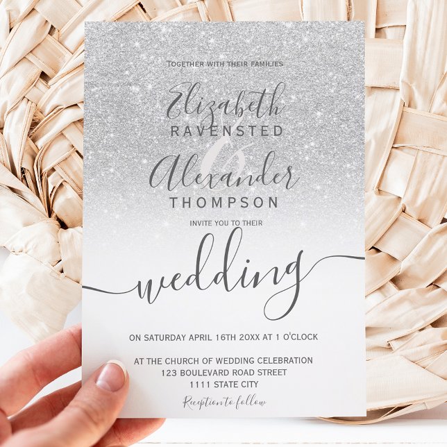 Silver glitter ombre chic white script wedding invitation (Creator Uploaded)