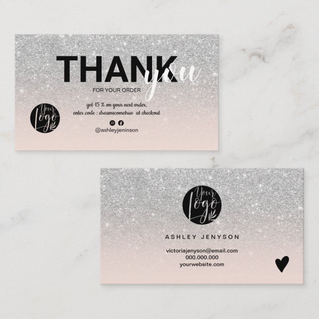 Silver glitter ombre cool logo order thank you business card (Front/Back)