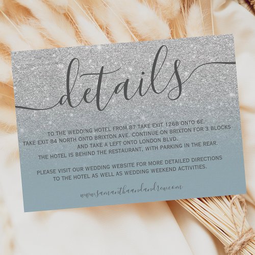 Silver glitter ombre dusty blue script details enclosure card