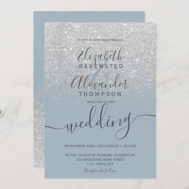 Silver glitter ombre dusty blue script wedding invitation