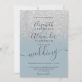 Silver glitter ombre dusty blue script wedding invitation (Front)