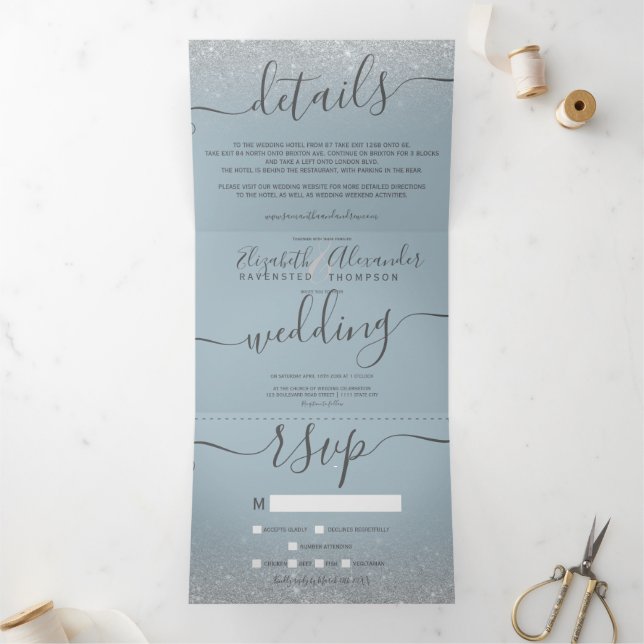 Silver glitter ombre dusty blue script wedding Tri-Fold invitation (Inside)
