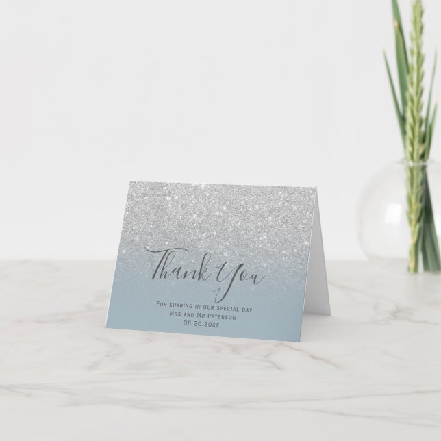 Silver glitter ombre dusty blue thank you card (Front)