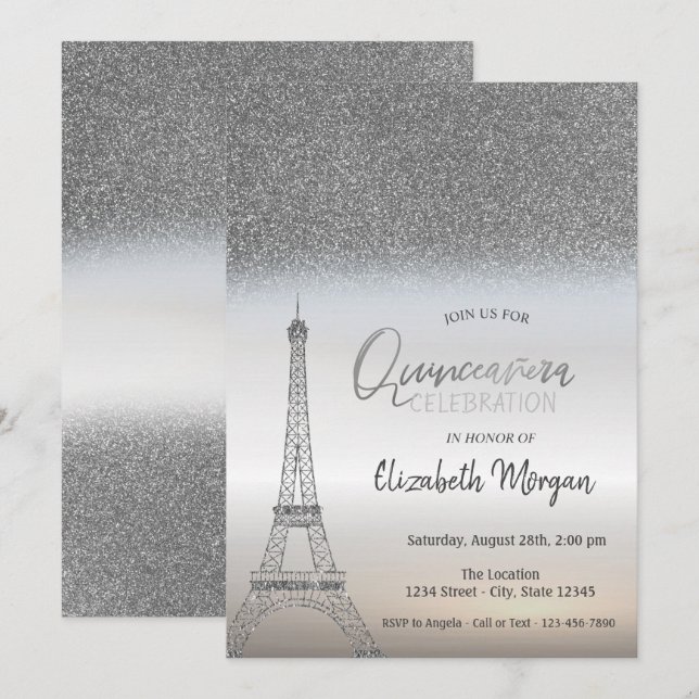 Silver Glitter Ombre, Eiffel Tower Quinceanera Invitation (Front/Back)