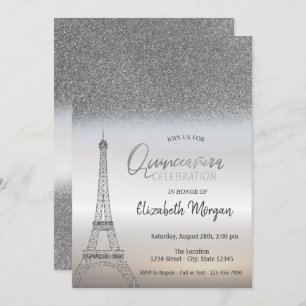 Silver Glitter Ombre, Eiffel Tower Quinceanera Invitation