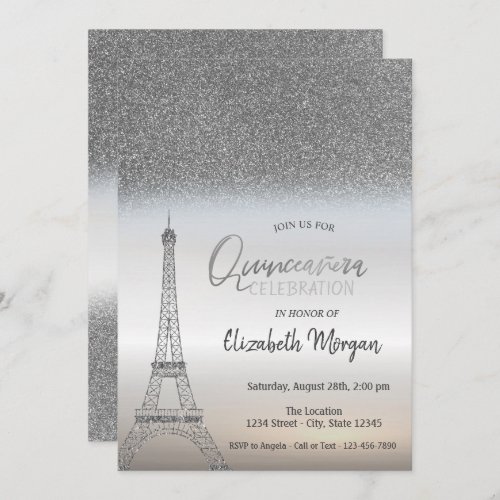 Silver Glitter Ombre Eiffel Tower Quinceanera Invitation