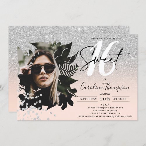 Silver glitter ombre floral pink photo Sweet 16 Invitation