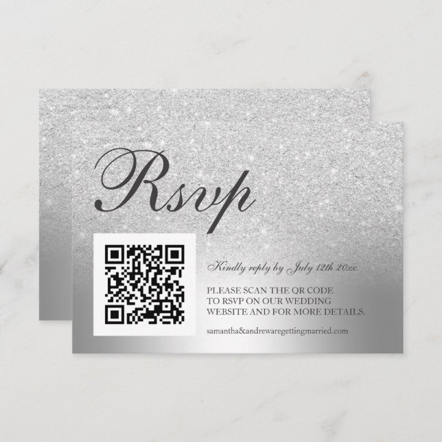 Silver glitter ombre foil RSVP Qr code wedding (Front/Back)