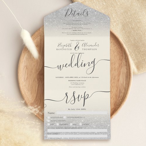 Silver glitter ombre ivory script wedding all in one invitation