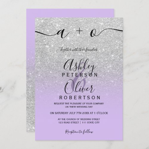 Silver glitter ombre lavender purple wedding invitation