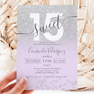 Silver glitter ombre lavender Quinceanera photo Invitation